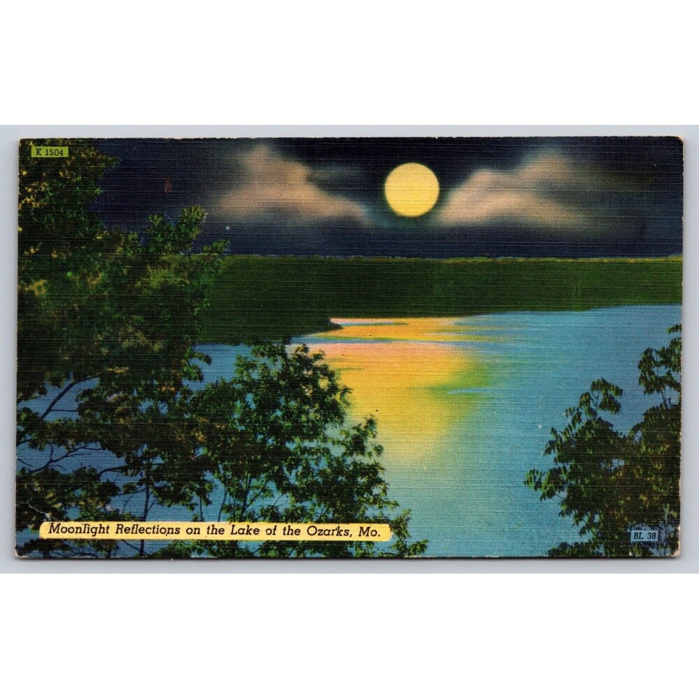 Postcard Missouri Lake of the Ozarks Moonlight Reflections Full Moon c1940s MO